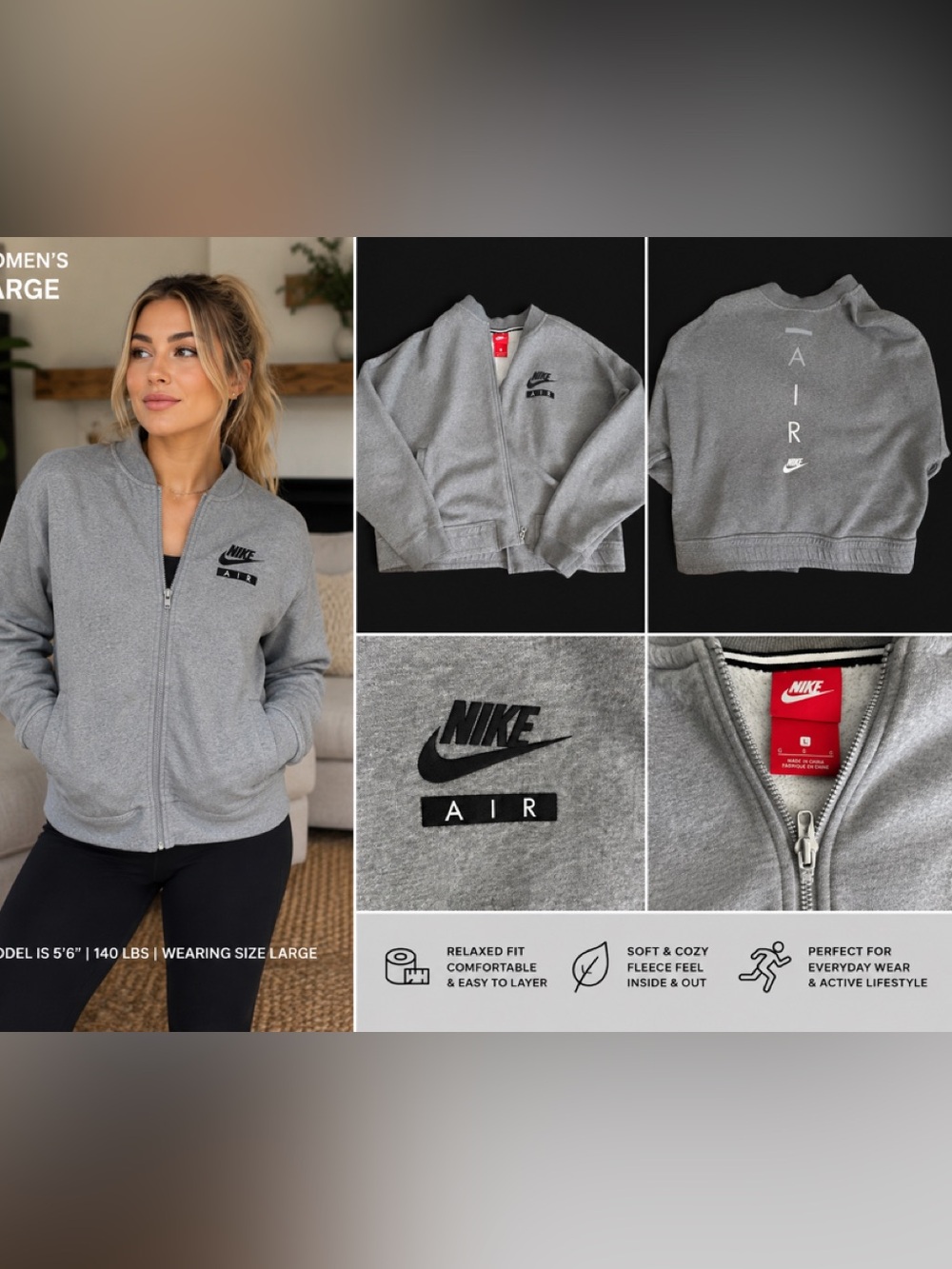 Nike women’s large Grey Full-Zip Fleece Bomber Jacket with AIR Logo